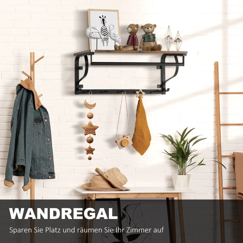 HOMCOM Wandregal Garderobenregal mit Haken 66 x 30 x 27cm Stahl+Holz Braun+Schwarz