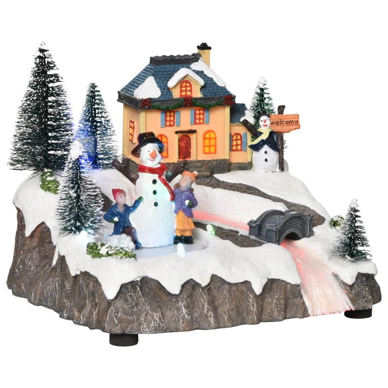 HOMCOM Animated Christmas Village Scene Musical Holiday Decoration with LED Light, Music, Fiber Optic, Rotating Skating Pond, Battery-Operated