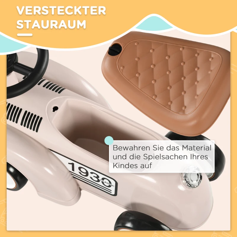 AIYAPLAY Kinder Rutschauto, Vintage-Design, versteckter Stauraum, Kippschutz, Hupe, 12-36 Monate, Cremeweiß