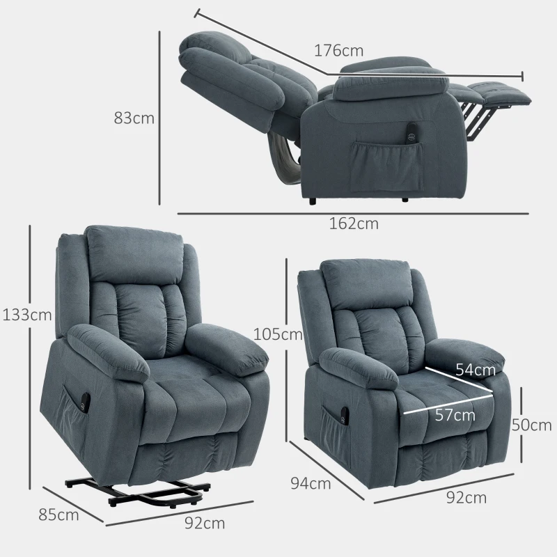 HOMCOM Aufstehsessel mit weichem Bezug, Recliner-Sessel mit Fernbedienung und Seitentaschen, Grau(m-3)