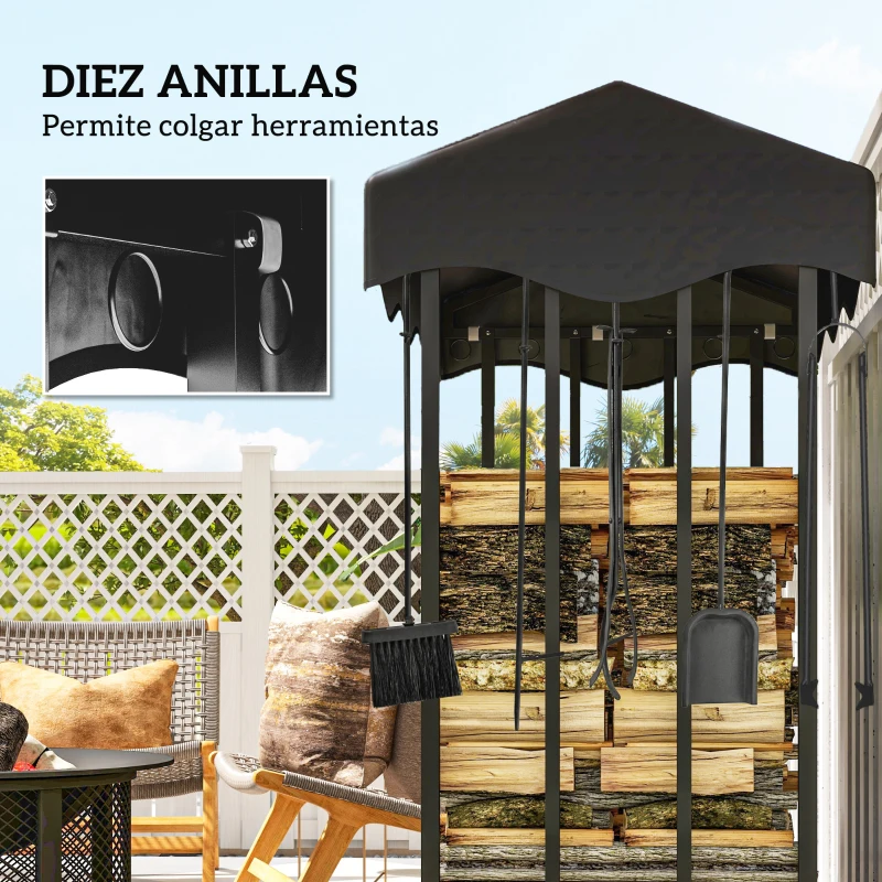 Outsunny Leñero con Cubierta Soporte para Leña para Exterior con Estructura Reforzada 143x70x145 cm Negro