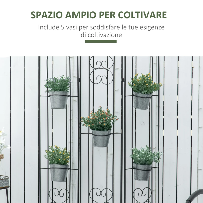 Outsunny Portapiante Verticale Pieghevole con 5 Vasi da Esterno in Metallo, 82x12.5x150cm, Nero
