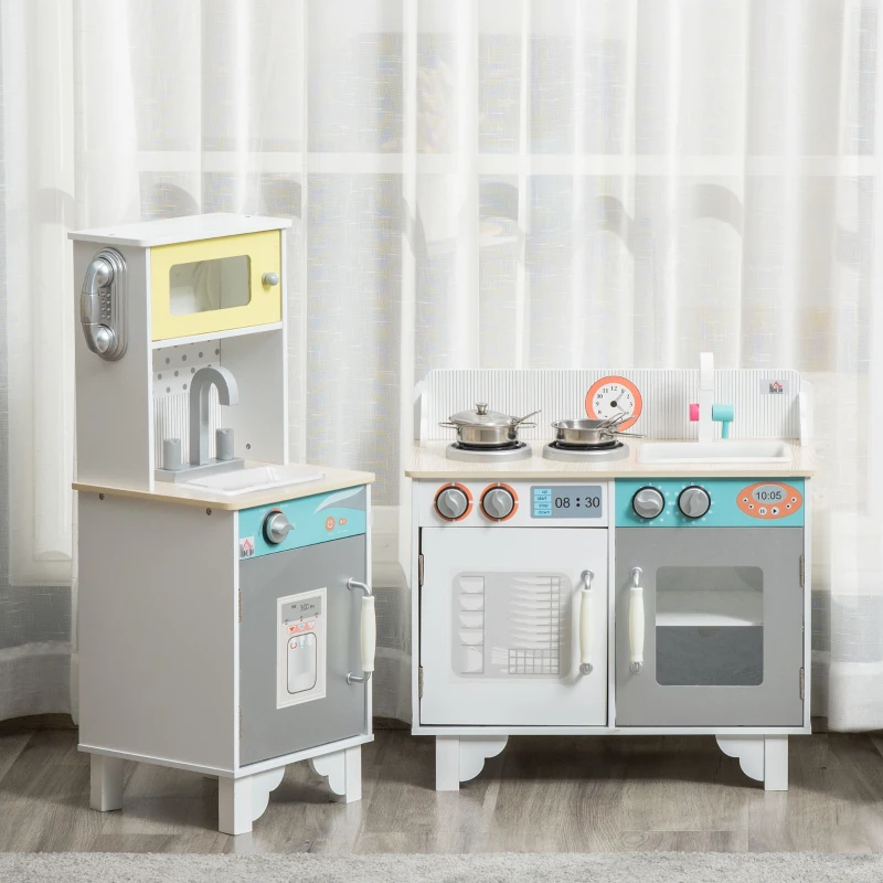 HOMCOM Two Kids Wooden Toy Kitchen Play Cooking Set Pretend Role Playset, with  Sink, Telephone, Storage Basket, for 3-6 Years Old