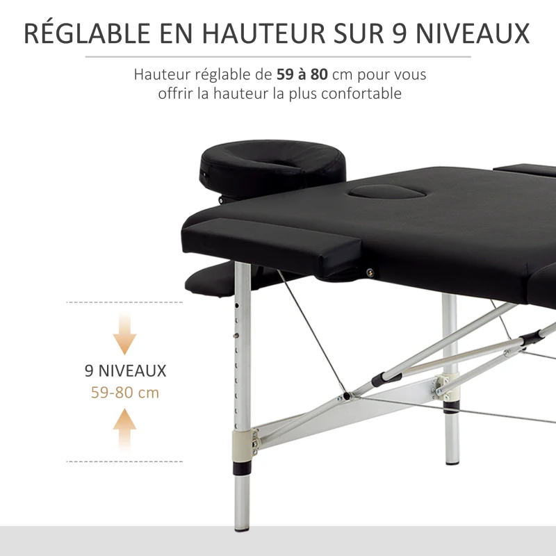 HOMCOM Table de massage pliable portable + housse de transport charge max. 225 Kg hauteur réglable 210 x 90 cm noir