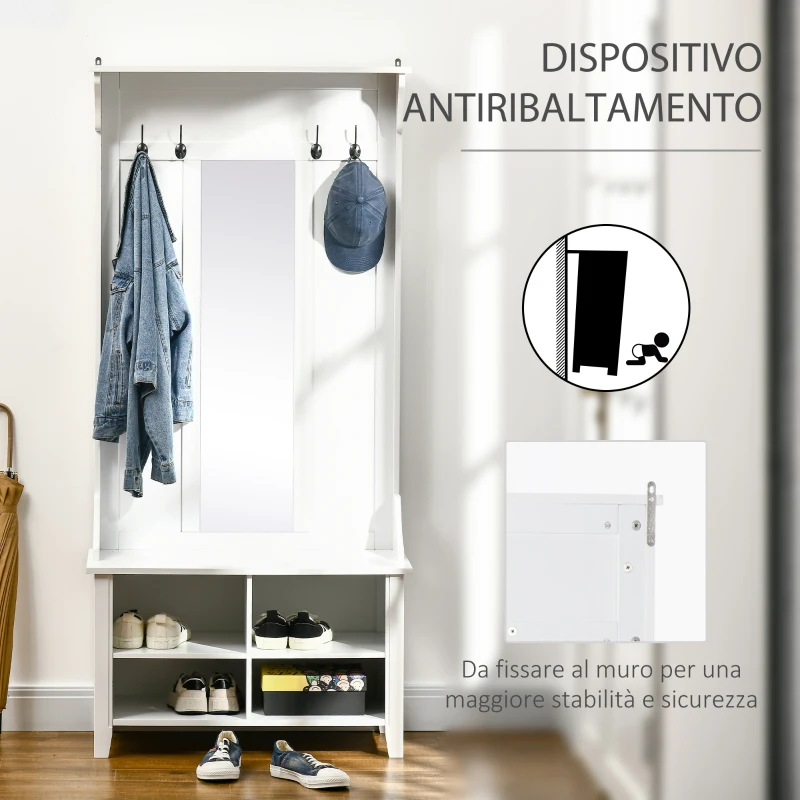 HOMCOM Appendiabiti Attaccapanni da Terra con Specchio Scarpiera 4 Ganci Legno 80x40x170cm Bianco