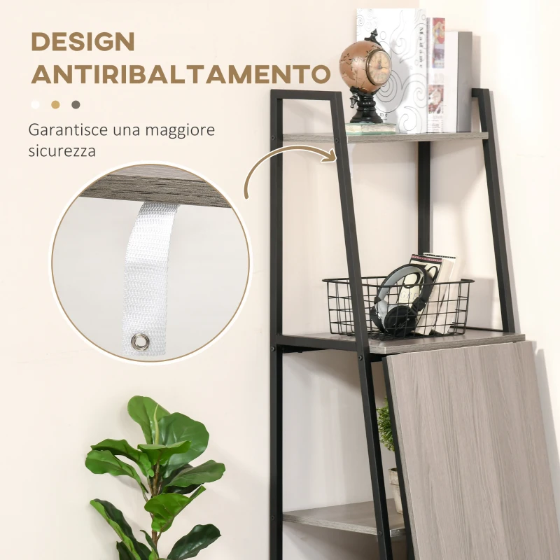 HOMCOM Scrivania Pieghevole con Libreria Salvaspazio a 4 Livelli in Metallo Nero e Legno Grigio, 106x48x128cm