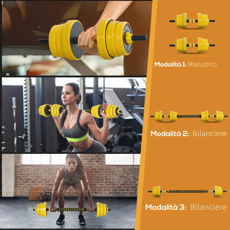 Set Manubri Regolabili 2 in 1 con Barra Bilanciere, Pesi Manubri Pesi con 12 Dischi per Allenamento Casa/Palestra, Nero e Giallo