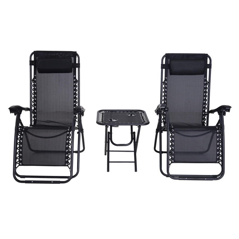 Outsunny Set de 2 Sillas de Gravedad Cero Plegables 90x65x110 cm y Mesa Auxiliar 50x50x50 cm con 2 Portavasos Sillas Reclinables con Reposacabezas para Jardín Terraza Negro
