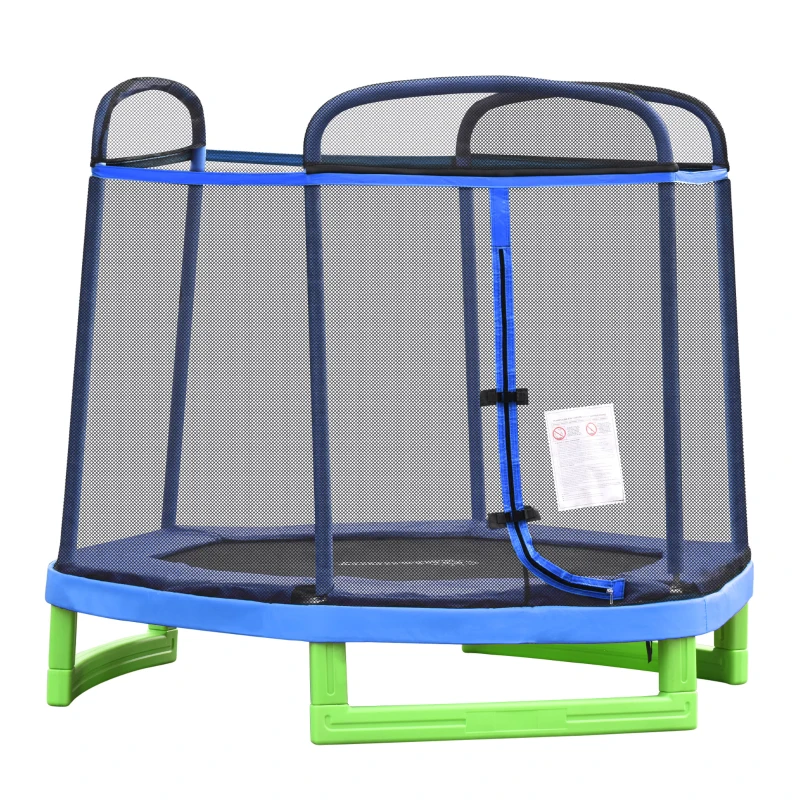 HOMCOM 7FT Kinder Trampolin mit Sicherheitsnetz Kleinkind-Trampolin für drinnen und draußen Fitnesstrampolin Gartentrampolin für 3-12 Jahre Kinder bis 80 kg Stahl Blau+Grün 215 x 200 x 190 cm