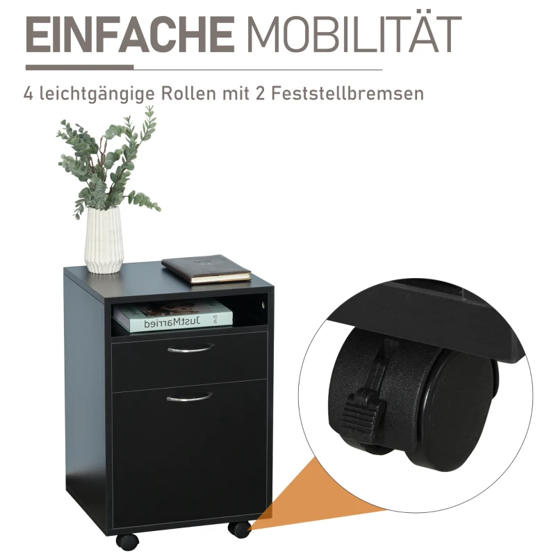 HOMCOM Rollcontainer, Aktenschrank, Bürocontainer mit Schublade, Büroschrank, Aufbewahrung Container, Spanplatte, Schwarz, 40 x 35 x 60 cm