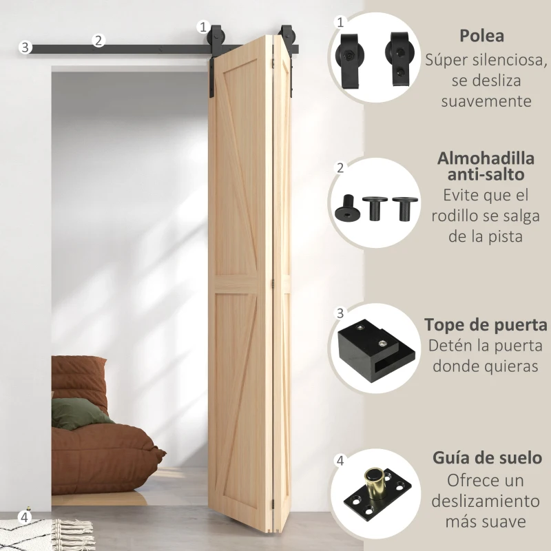 HOMCOM 4FT/122CM Herrajes para Puerta Corredera Plegable para 2 Puertas con Riel para Granero Negro(m-5)