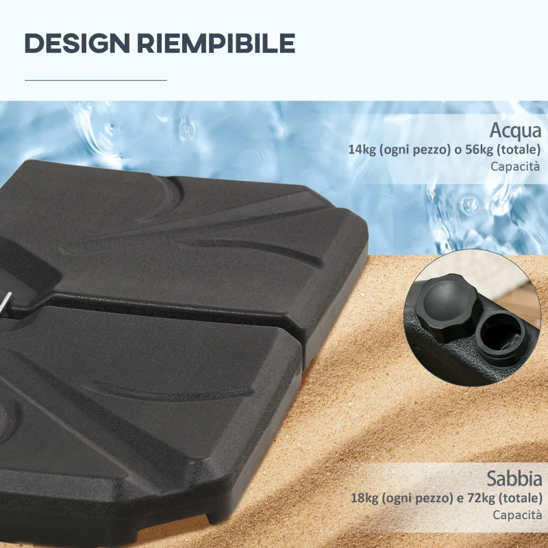 Outsunny Base per Ombrellone in HDPE da 4 Pezzi, Riempibili con Acqua e Sabbia max 18kg, 103x103x8.3 cm, Nero