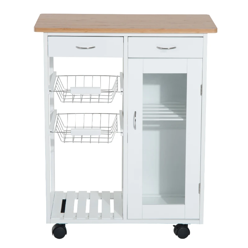 HOMCOM Chariot de service desserte de cuisine à roulettes multi-rangements 70L x 37l x 85H cm plateau bois massif bambou pin blanc
