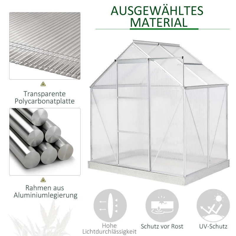 Outsunny Aluminium Gewächshaus Gartenhaus mit Fenster Tür 193 x 130 x 205 cm 2,5㎡ Pflanzenhaus inkl. Fundament Treibhaus Tomatenhaus UV-, Witterungsbeständig