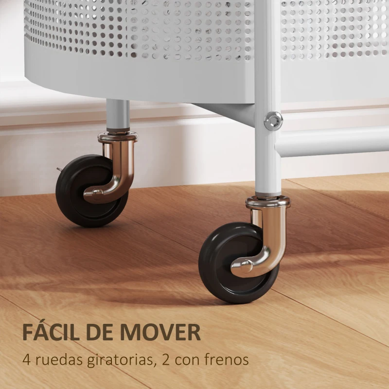 HOMCOM Carrito Auxiliar con Ruedas de 3 Niveles Carro de Almacenamiento con Cesta y Estantes 49,5x32,5x82,5 cm Blanco y Madera Natural