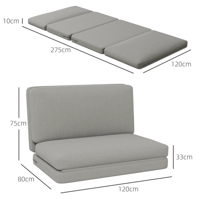 HOMCOM 2-in-1 faltbarer Relaxsessel, Gästematratze, teilbar, 120 cm breit, Hellgrau