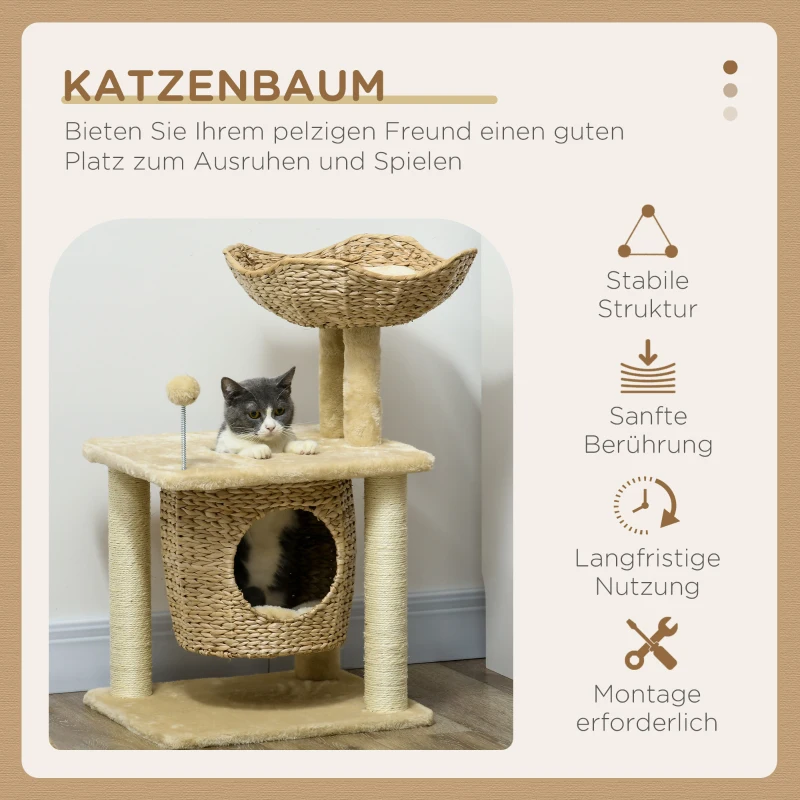 PawHut Kratzbaum mit Katzenhöhle, Liegeplattform, Spielball, 45x40x74cm, Beige(m-4)