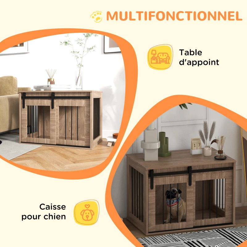 PawHut Cage caisse pour chien animaux intérieur porte coulissante, métal effet bois, dim. 57H x 80L x 54l cm