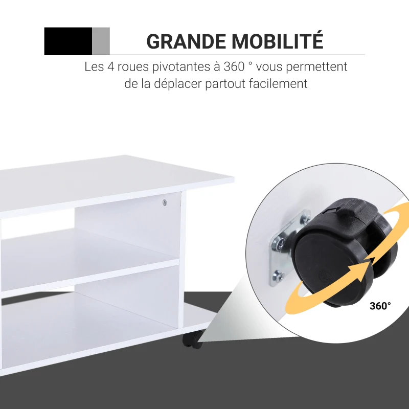 HOMCOM Meuble TV avec roulettes pivotantes, banc TV en bois avec étagères, support télé pour télévision jusqu'à 42 pouces, style contemporain pour salon chambre et bureau, 80 x 40 x 40 cm, blanc