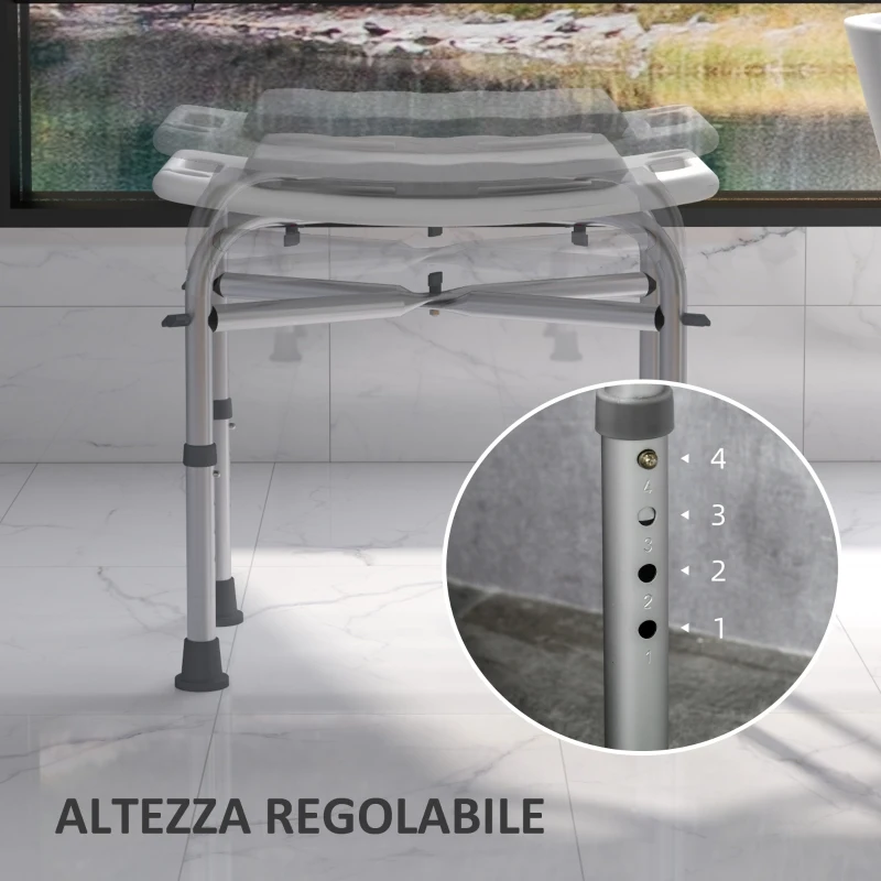 HOMCOM Sgabello da Doccia in Alluminio con Altezza Regolabile, Cuscino e Piedini Antiscivolo, Bianco