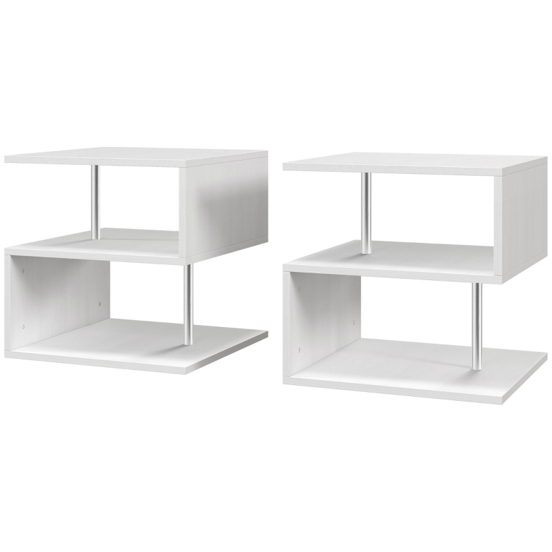 HOMCOM Wooden S Shape Cube Coffee Table 2 Tier Storage Shelves Organiser Office Bookcase Living Room End Desk Stand Display Set of 2 (White)