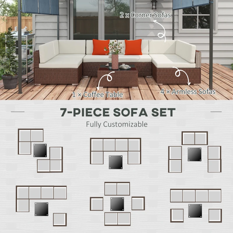 Outsunny Seven-Piece Rattan Garden Set, with Glass-Top Table - Brown/Beige