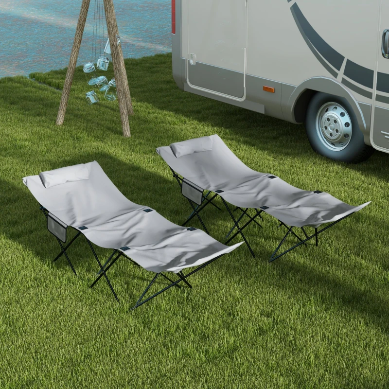 Outsunny Lot de 2 Bains de soleil transats pliables chaises longues avec poche latérale, appui-tête en Oxford gris