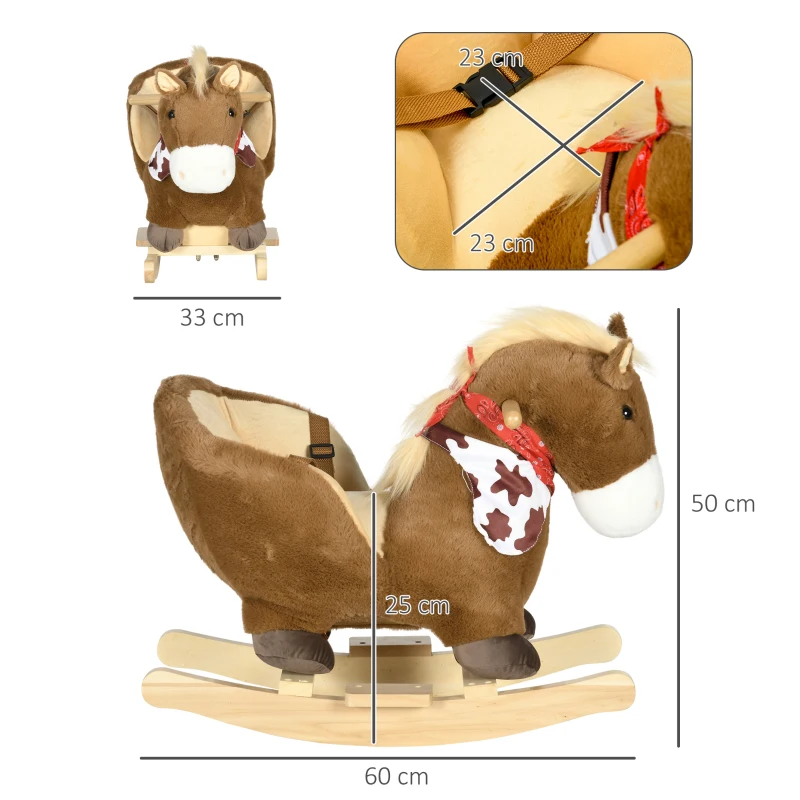 HOMCOM Caballo Balancín Infantil con Sonidos de Animal Cinturón de Seguridad Manillar y Reposapiés Carga 40 kg 60x33x50 cm Café