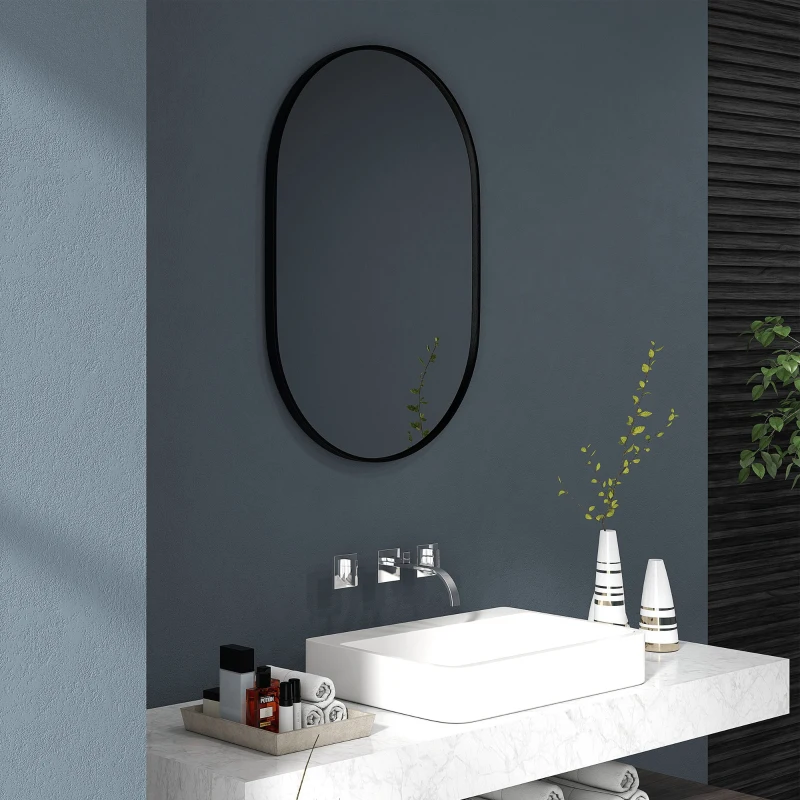 HOMCOM Espejo de Baño Ovalado 60x90 cm Espejo Decorativo de Pared con Marco de Aluminio para Salón Horizontal o Vertical Negro(m-8)
