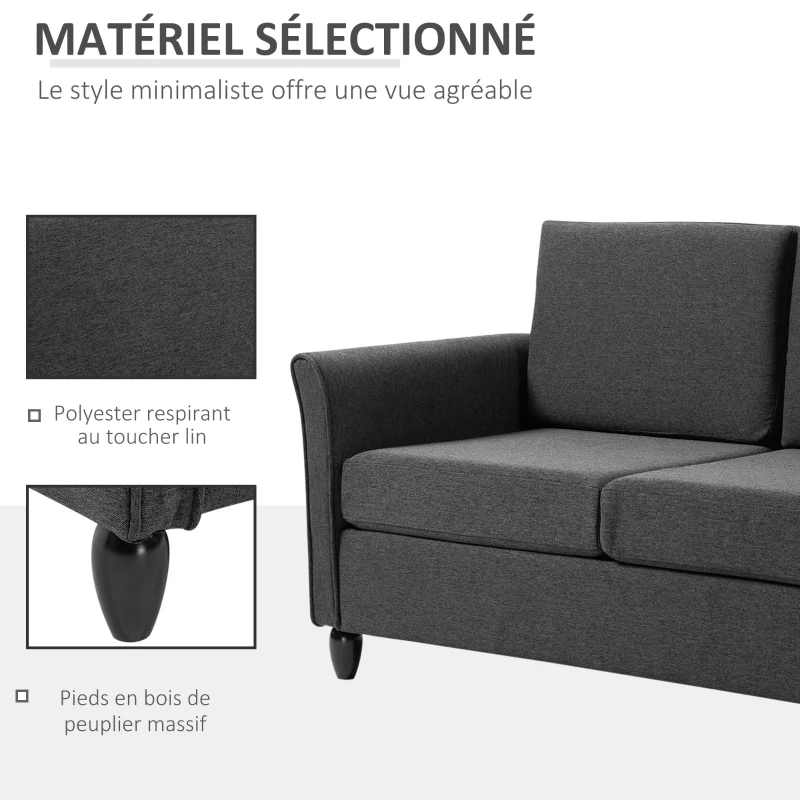 HOMCOM Canapé 2 Places Design scandinave dim. 141L x 70l x 78H cm Pieds Bois Massif Tissu Lin Gris foncé