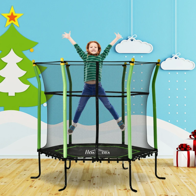 HOMCOM Kindertrampolin, mit Sicherheitsnetz, Randabdeckung, Stahlrahmen, bis 50 kg, 3-10 Jahre, grün, Ø163,5 x 163 cm