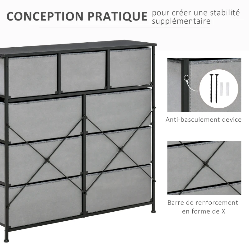 HOMCOM Commode 9 tiroirs meuble de rangement tiroir en tissu pliant - structure acier noir - 100 x 30 x 100 cm, noir et gris