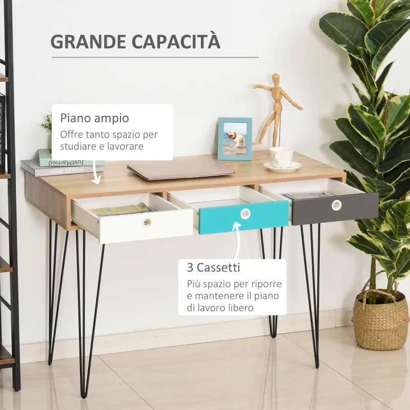 HOMCOM Scrivania Moderna con 3 Cassetti Multicolore in Legno e Metallo, Scrivania per Camera e Ufficio in Stile Nordico, 110x50x77.5cm