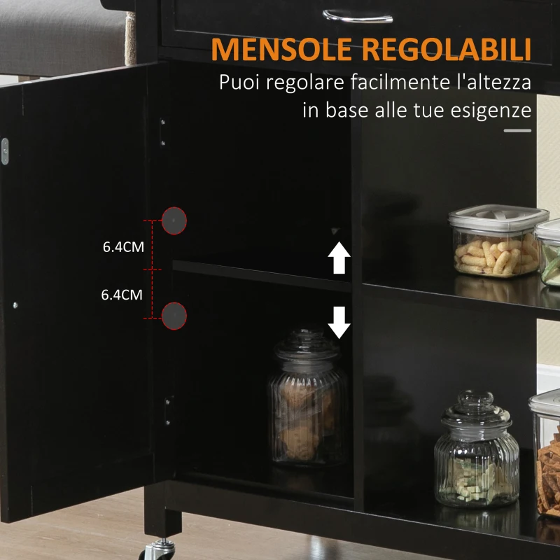 HOMCOM Carrello Cucina in Legno con Cassetto, Armadietto e 2 Ripiani Aperti, 2 Ruote con Freno, 83x45x88 cm, Nero