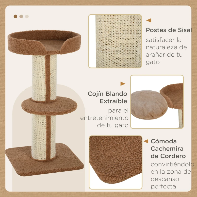 PawHut Árbol para Gatos Altura 91 cm de 3 Niveles con Nido Plataforma y Poste de Sisal 45x45x91 cm Marrón Claro