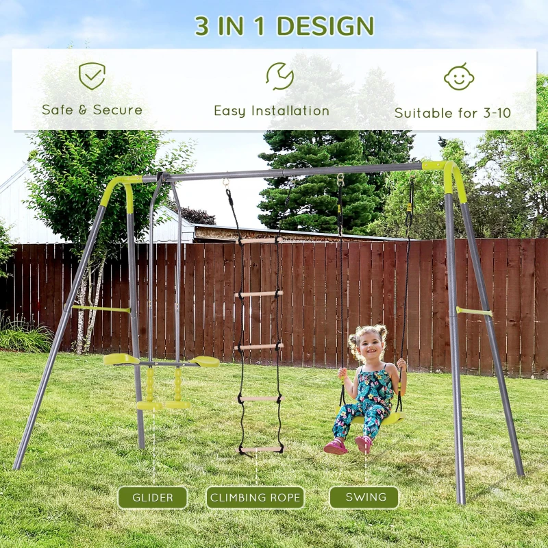 HOMCOM 3-In-1 Kids Garden Swing Set, with Metal Frame, for 4 Kids, Ages 3-10 Years
