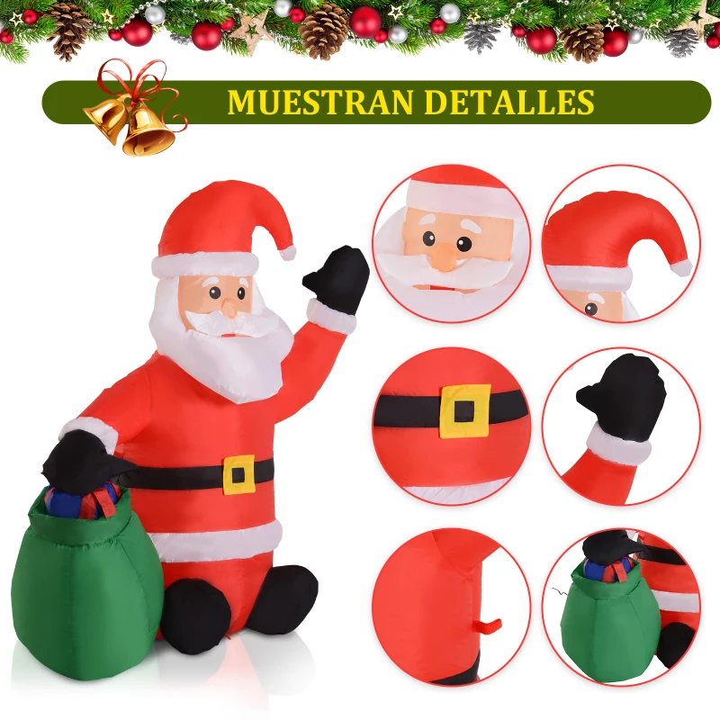 HOMCOM Papa Noel Inflable 70x45x120cm Luces LED + Bolsa Regalo Decoracion Navidad Santa