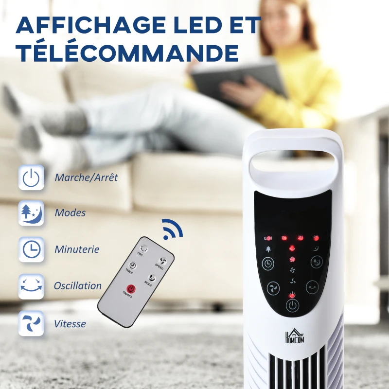 HOMCOM Ventilateur colonne oscillant silencieux 40 W télécommande panneau contrôle tactile 3 vitesses hauteur 91,5 cm blanc
