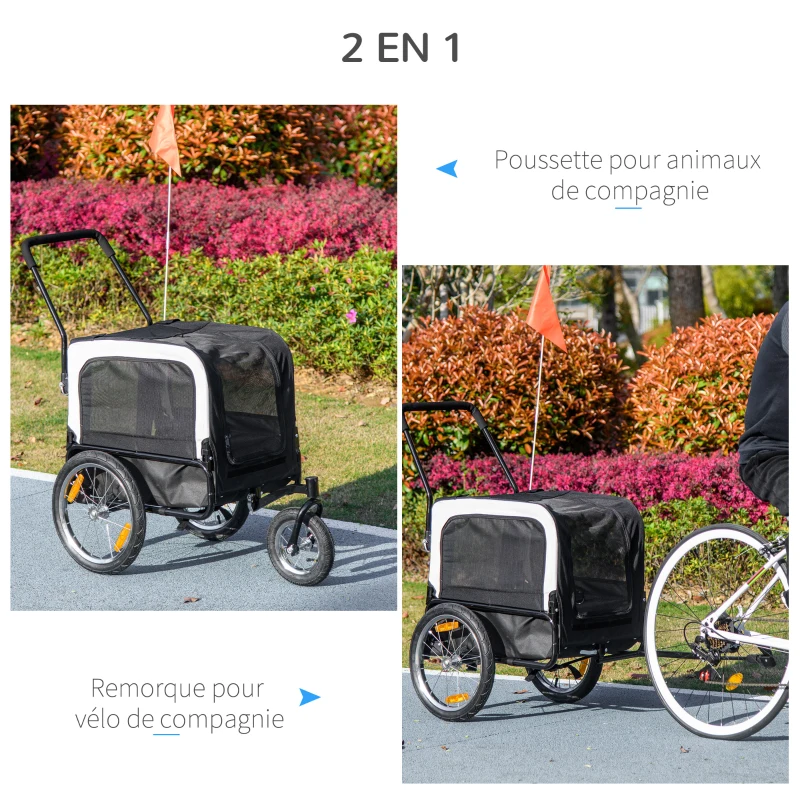 PawHut Remorque vélo jogger 2 en 1 pour animaux de compagnie drapeau roue avant pivotante réflecteurs noir