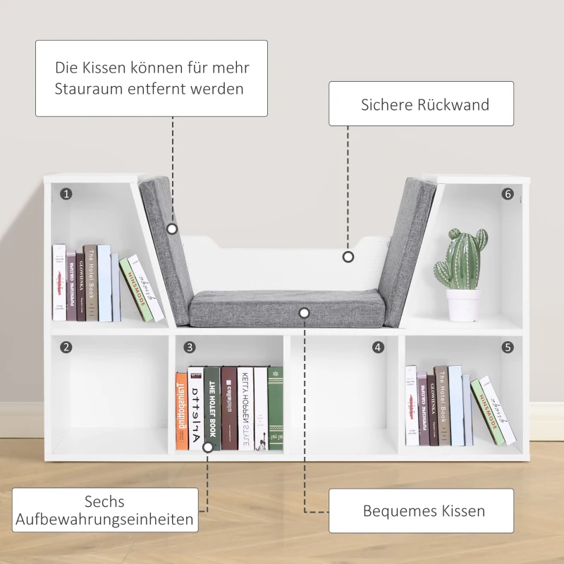 HOMCOM Bücherregal mit Sitzhocker Sitzbank Sitzbänke & -truhen mit 6 Stauräumen für Aufbewahrung Sitzbar mit Kissen Spanplatte Schaumstoff Leinen Weiß+Grau 102 × 30 × 61 cm