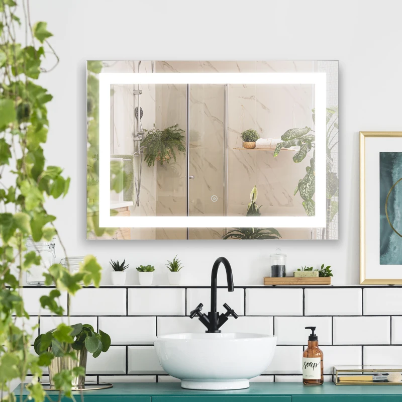 HOMCOM Badspiegel mit Beleuchtung 80x60 cm LED Spiegel Wandspiegel Wasserdicht Lichtspiegel für Badezimmer Silber