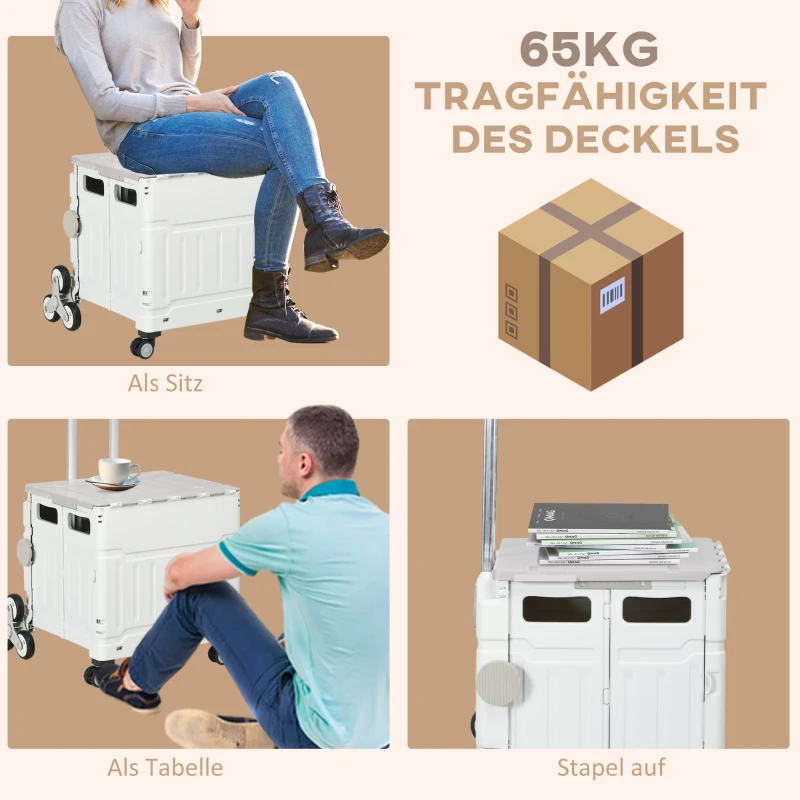 HOMCOM Einkaufstrolley Treppensteiger Mobile Transportbox, klappbar, Teleskopgriff, bis max. 65 Kilo belastbar, Weiß(m-6)