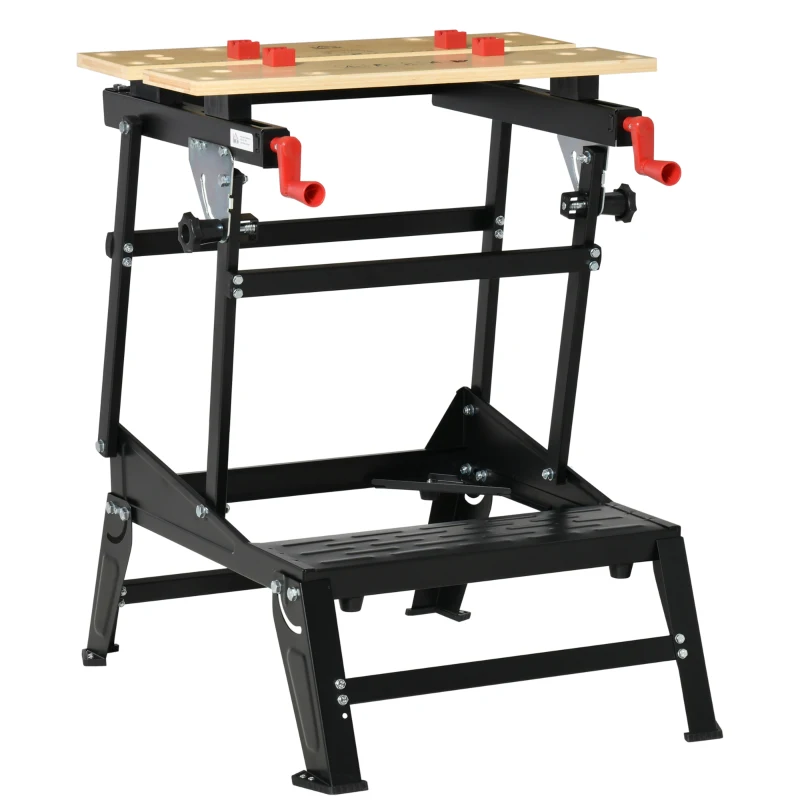 HOMCOM Banco da Lavoro Pieghevole con Altezza Regolabile, 4 Morsetti e Fori per Utensili, in Metallo e Bambù, 68x60x21-78cm, Nero
