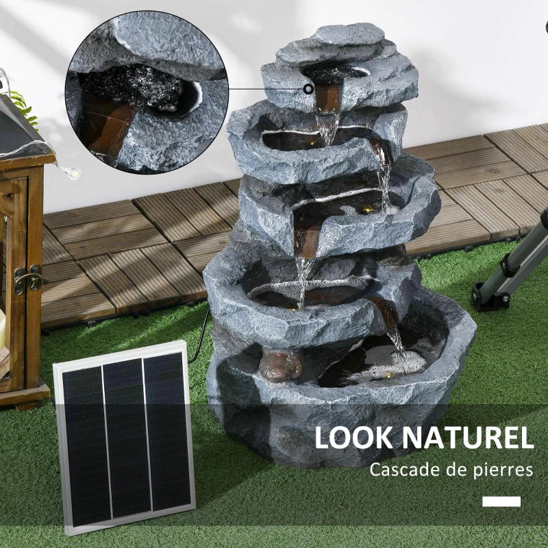 Outsunny Fontaine de jardin à énergie solaire roche en cascade à 5 niveaux en résine avec lumières LED et pompe gris