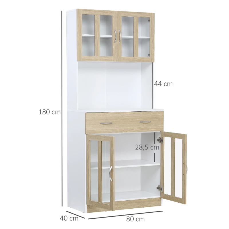 HOMCOM Küchenschrank Hochschrank Küchenbuffet mit Glastüren Geschirrschrank Esszimmerschrank mit 2 Schubladen und 2 Schränken Weiß+Natur 80 x 40 x 180 cm