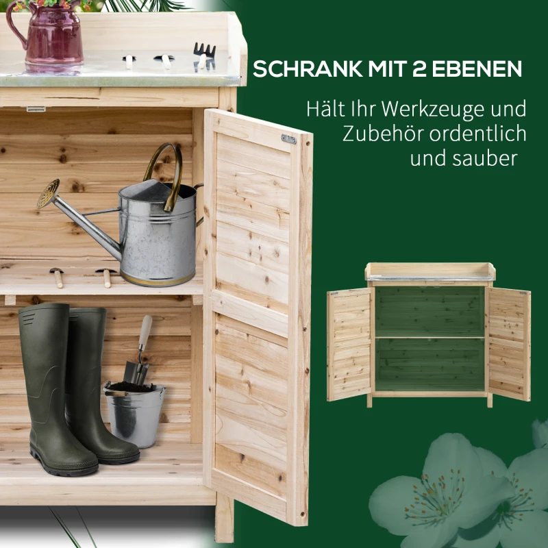 Outsunny Gartenschrank mit 2 Fächern, Metall-Arbeitsplatte mit Aufkantung, Naturholz, 83 x 40 x 92 cm