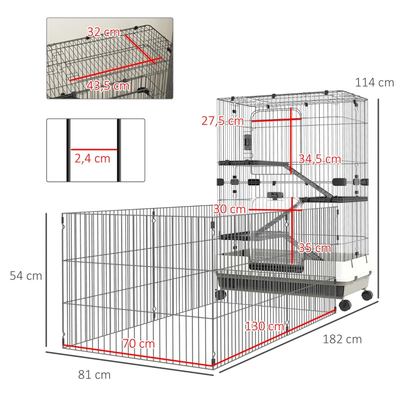 PawHut Cage pour petits animaux roulante 3 plates-formes démontables 3 rampes plateau inférieur amovible métal PP noir
