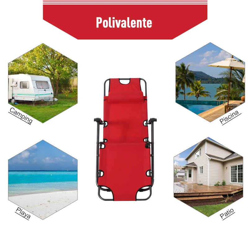 Outsunny Tumbona Relax Plegable con Respaldo Ajustable Reposabrazos Almohada y Reposapiés Carga 136 kg 135x60x89 cm Rojo