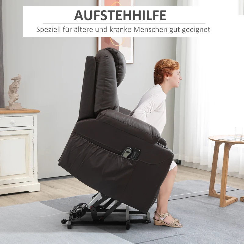 HOMCOM Massagesessel mit Aufstehhilfe, Liegefunktion, Kunstleder, bis 150 kg, 88 x 99 x 106 cm, Braun(m-4)