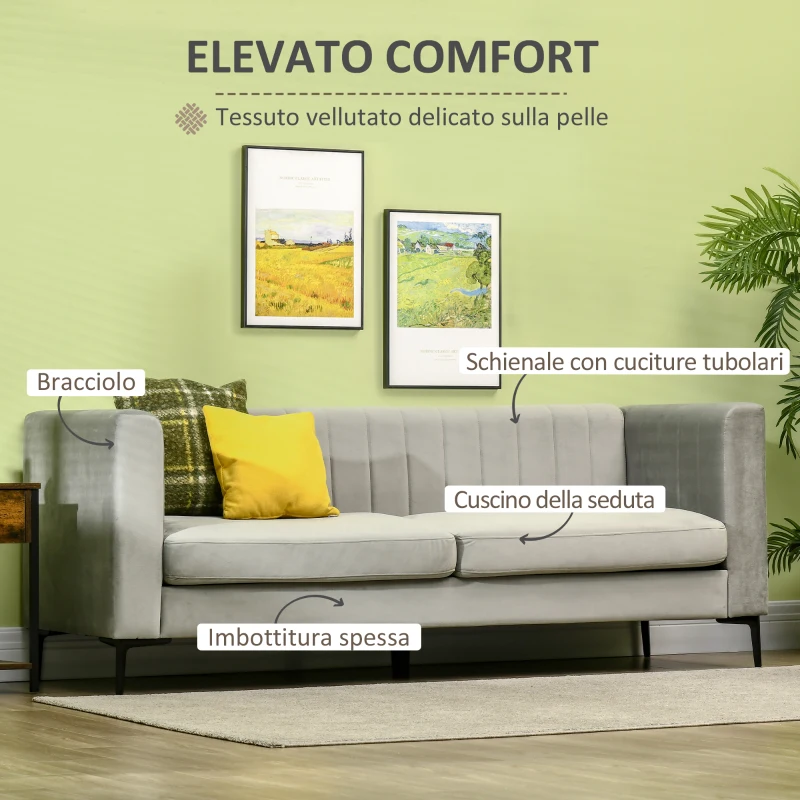 HOMCOM Divano 3 Posti in Velluto Grigio con 5 Piedini e Doghe, 199x72x75cm